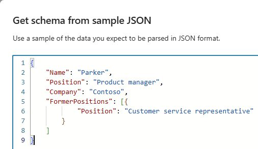 Skærmbillede, der viser den editor, hvor du angiver JSON-eksempeldata.