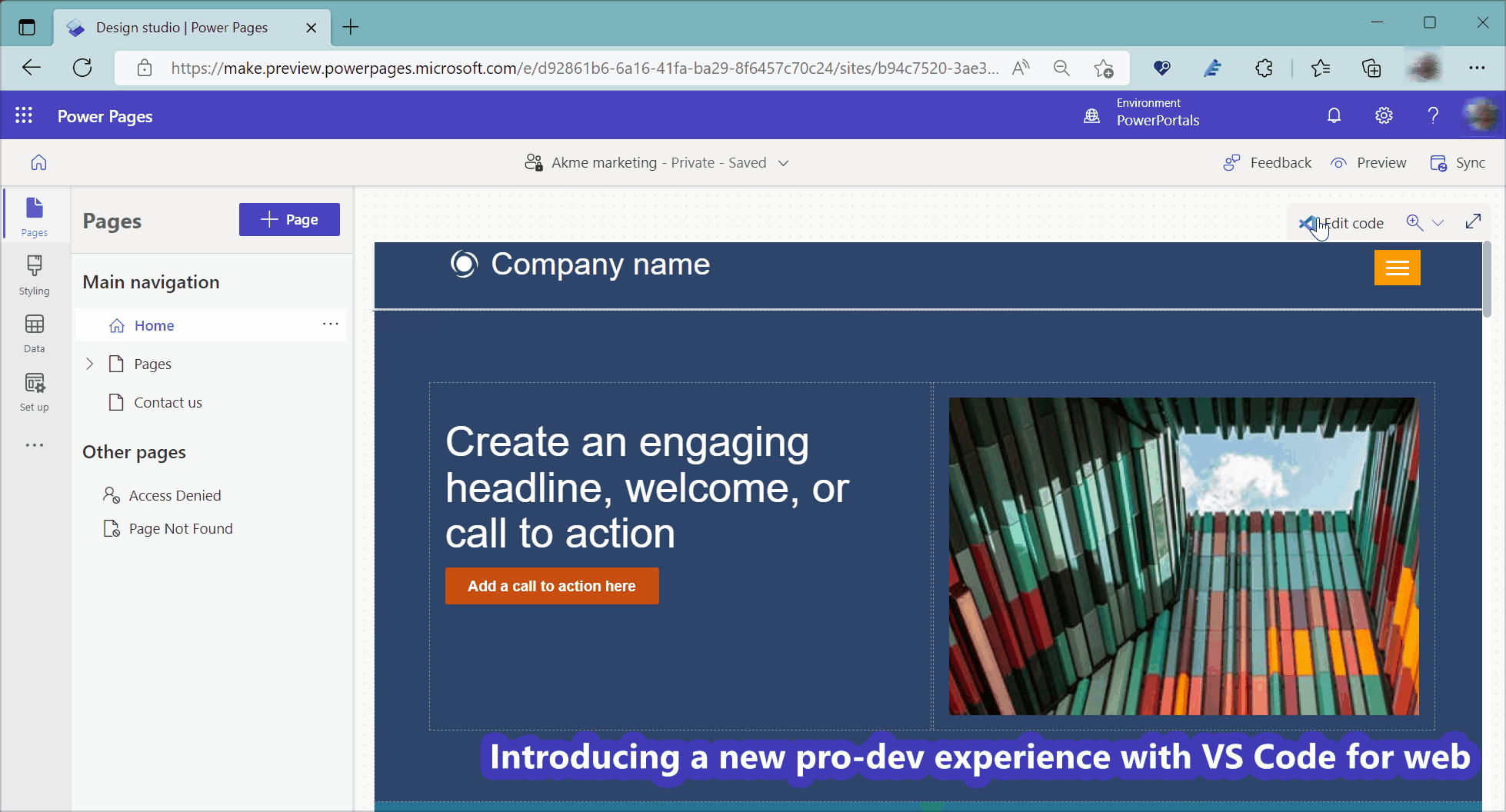 Demo af at bruge Visual Studio Code til web til at redigere Power Pages site.