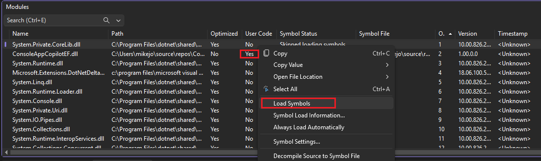 ViewSymbolInformation Screenshot that shows how to view symbol information in the Modules window.
