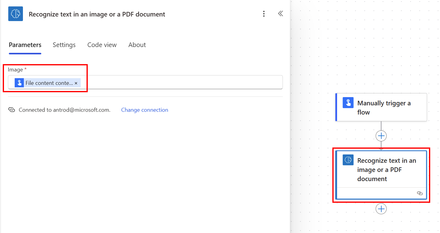 Screenshot der Initialisierung eines Power Automate Cloud-Flows auf der Registerkarte Parameter