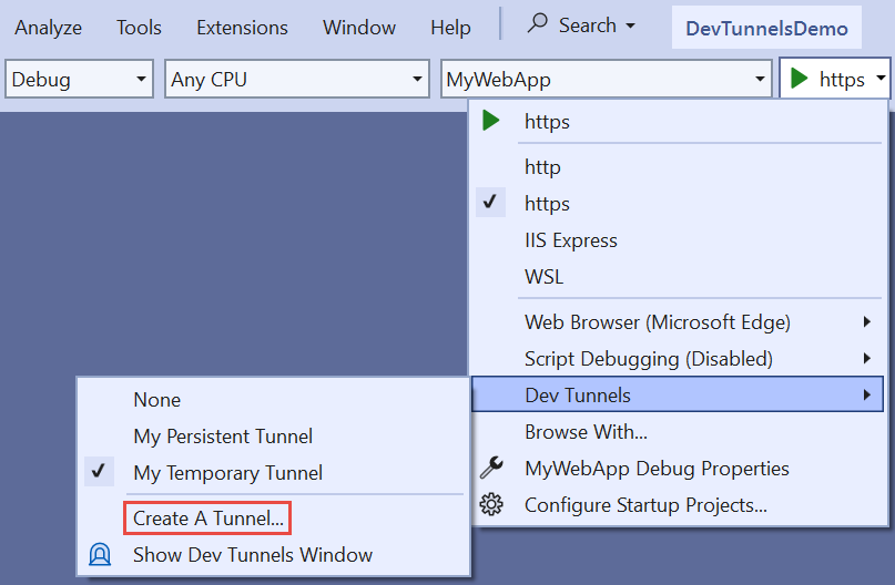 Debug-Dropdown mit ausgewählter Option 