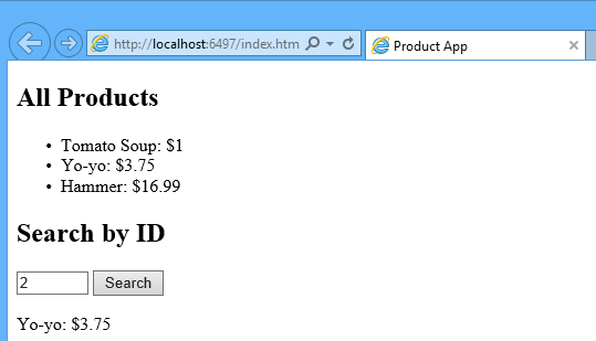 Screenshot des lokalen Hostbrowserfensters mit dem Beispielprojekt mit einer Liste der Produkte, deren Preise und einer Suche nach I D-Feld und Schaltfläche.