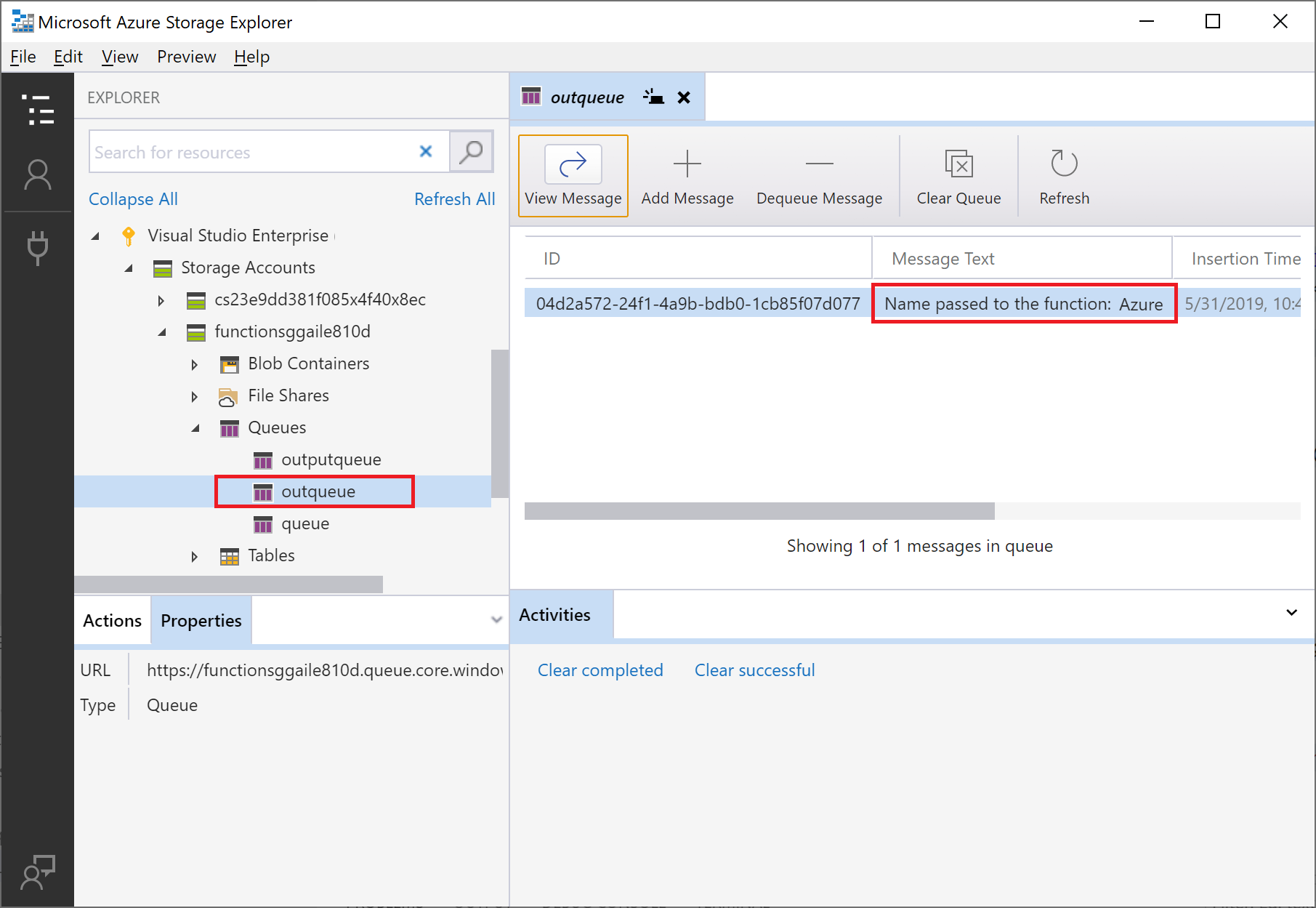 Screenshot der Warteschlangennachricht, die in Azure Storage Explorer angezeigt wird.