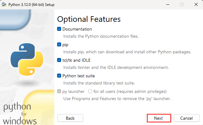 Screenshot der Installation Python Schritt 2 mit optionalen Features.