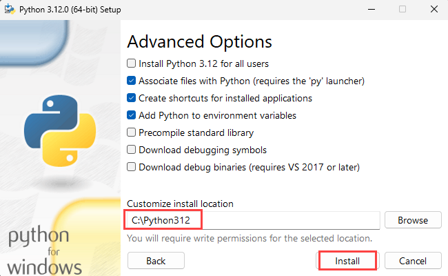 Screenshot von Schritt 3 der Python-Installation mit benutzerdefiniertem Speicherort.