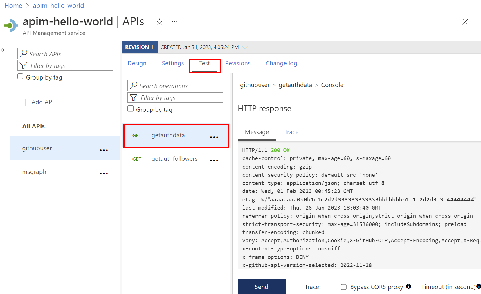 Screenshot des erfolgreichen Testens der API im Portal.