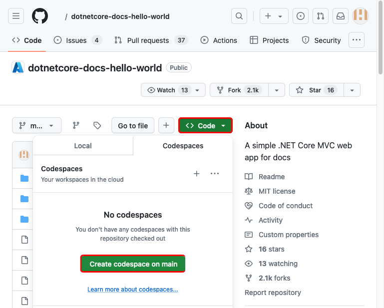 Screenshot, der zeigt, wie Sie einen Codespace im geforkten GitHub-Repository „dotnetcore-docs-hello-world“ erstellen.
