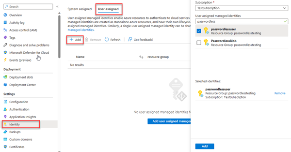 Screenshot, der zeigt, wie eine verwaltete Identität zugewiesen wird.