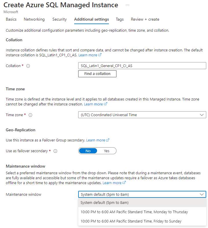 Screenshot aus dem Azure-Portal. In der Erstellung einer verwalteten Azure SQL-Instanz ist auf der Registerkarte 