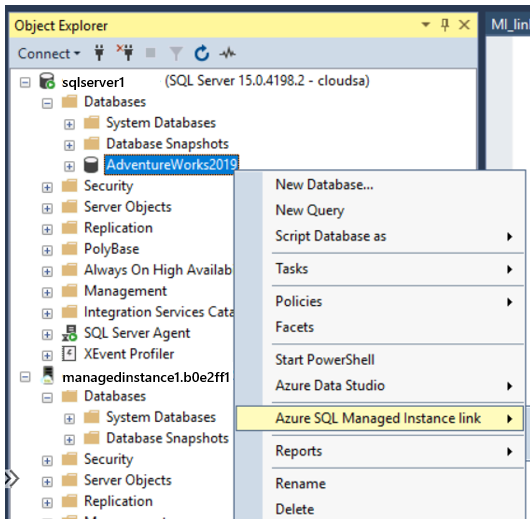 Screenshot mit der Option Azure SQL Managed Instance Link im Kontextmenü.