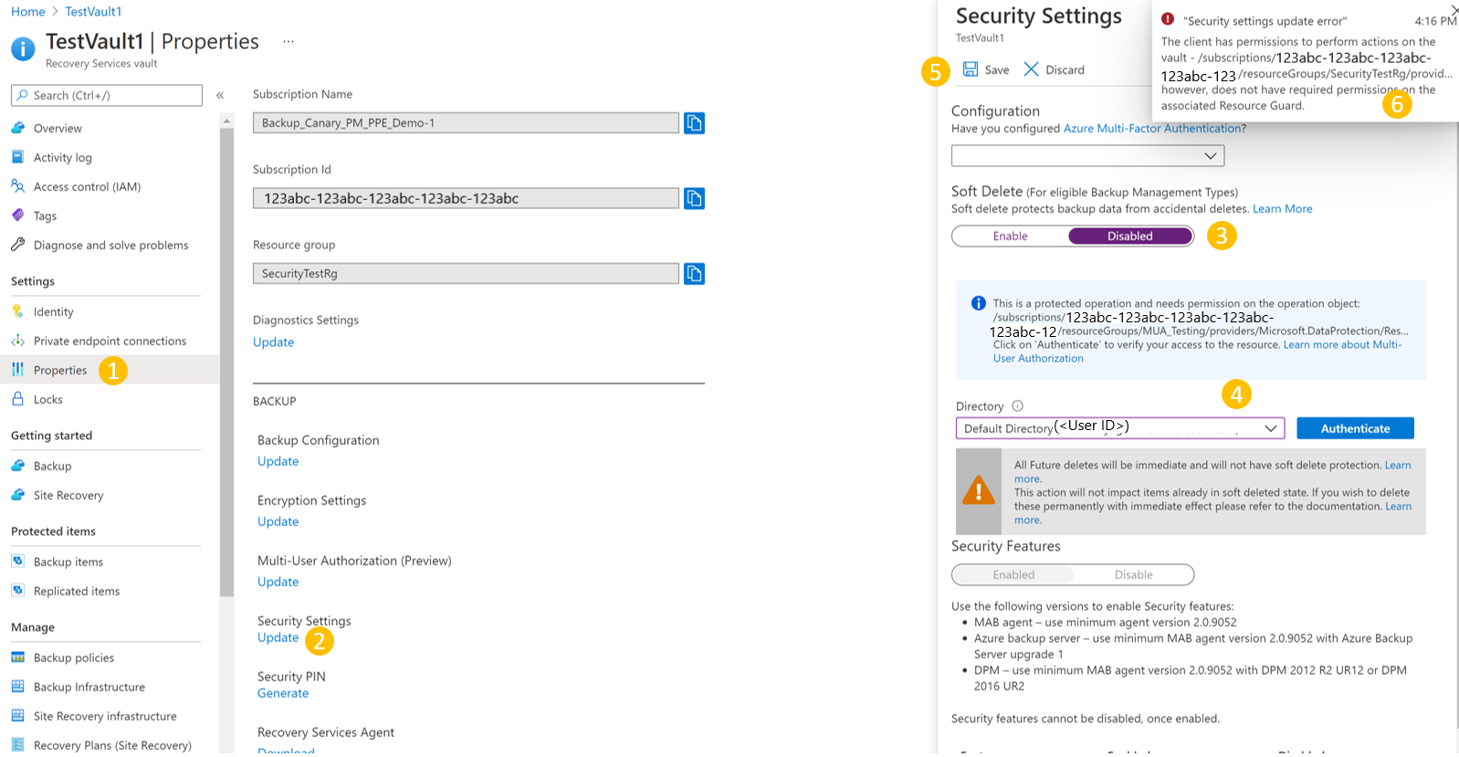 Screenshot: Testen der Sicherheitseinstellungen der Eigenschaften des Sicherungstresors.