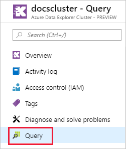 Screenshot eines Clusters im Azure-Portal, wobei das Abfrageelement hervorgehoben ist.