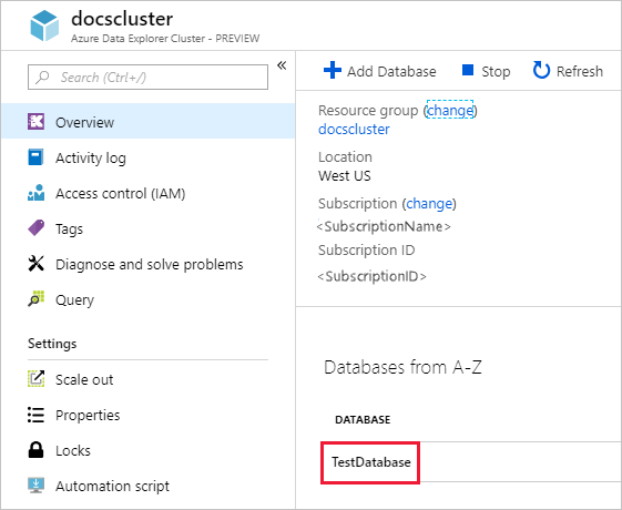 Screenshot der Übersichtsseite des Azure Data Explorer und der Auswahl einer Beispieldatenbank.