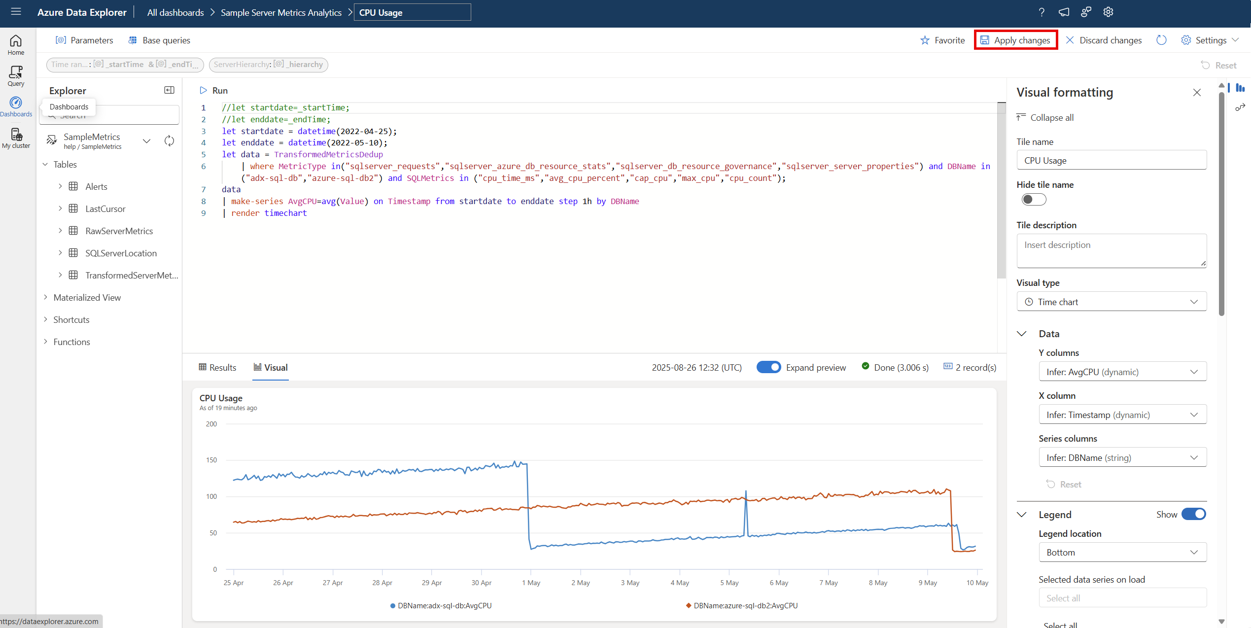 Screenshot zum Speichern der Änderungen an der Dashboardkachel in der Azure Data Explorer-Web-UI.