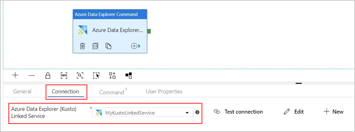 Registerkarte „Verbindung“ der Azure&nbsp;Data&nbsp;Explorer-Befehlsaktivität