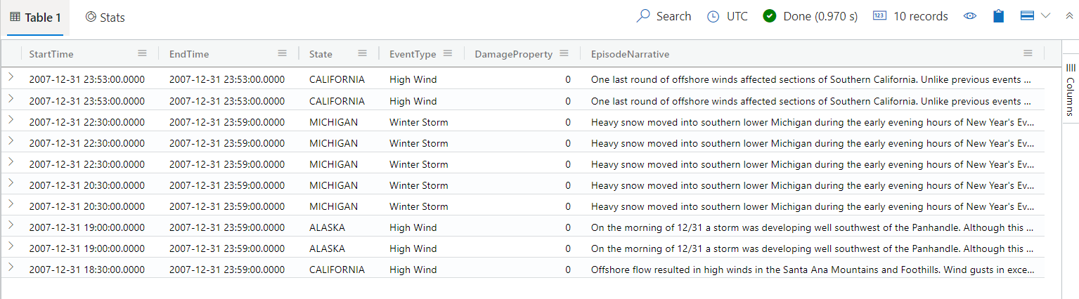 Screenshot: Tabelle mit Startzeit, Endzeit, Zustand, Ereignistyp, Schadenseigenschaft und Episodengeschichte für zehn Sturmereignisse auf der Azure&nbsp;Data&nbsp;Explorer-Webbenutzeroberfläche