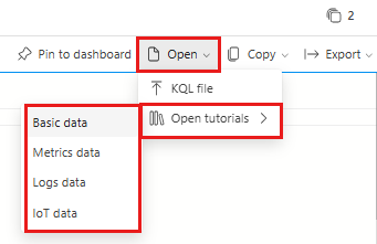 Screenshot: Dropdownmenü auf der Azure&nbsp;Data&nbsp;Explorer-Webbenutzeroberfläche zum Auswählen von Beispieltutorials im Abfragefenster