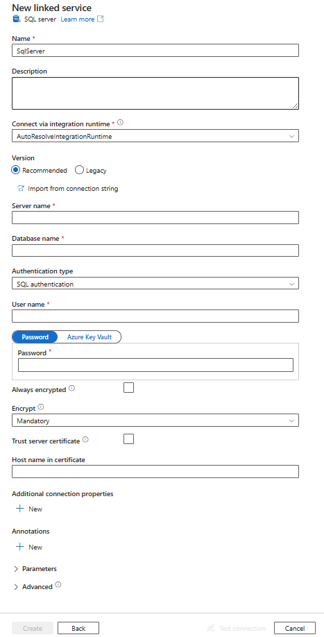 Screenshot der Konfiguration für den verknüpften Dienst von SQL Server.