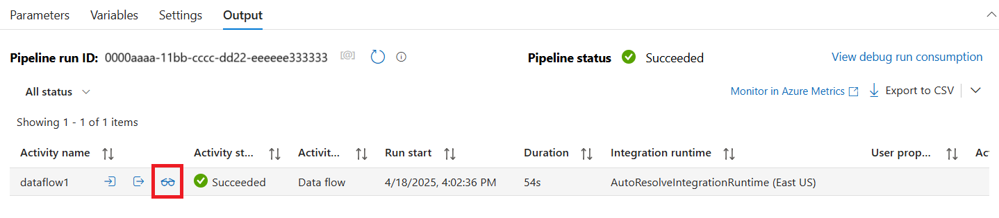 Screenshot des Status der vollständigen Pipeline, wobei die Ausgabeaktionen hervorgehoben sind.