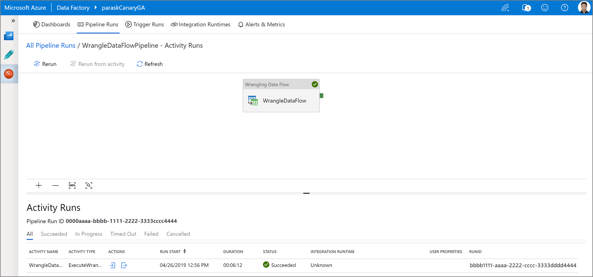 Screenshot: Ausgabe einer ausgelösten Wrangling-Power Query-Aktivitätsausführung.