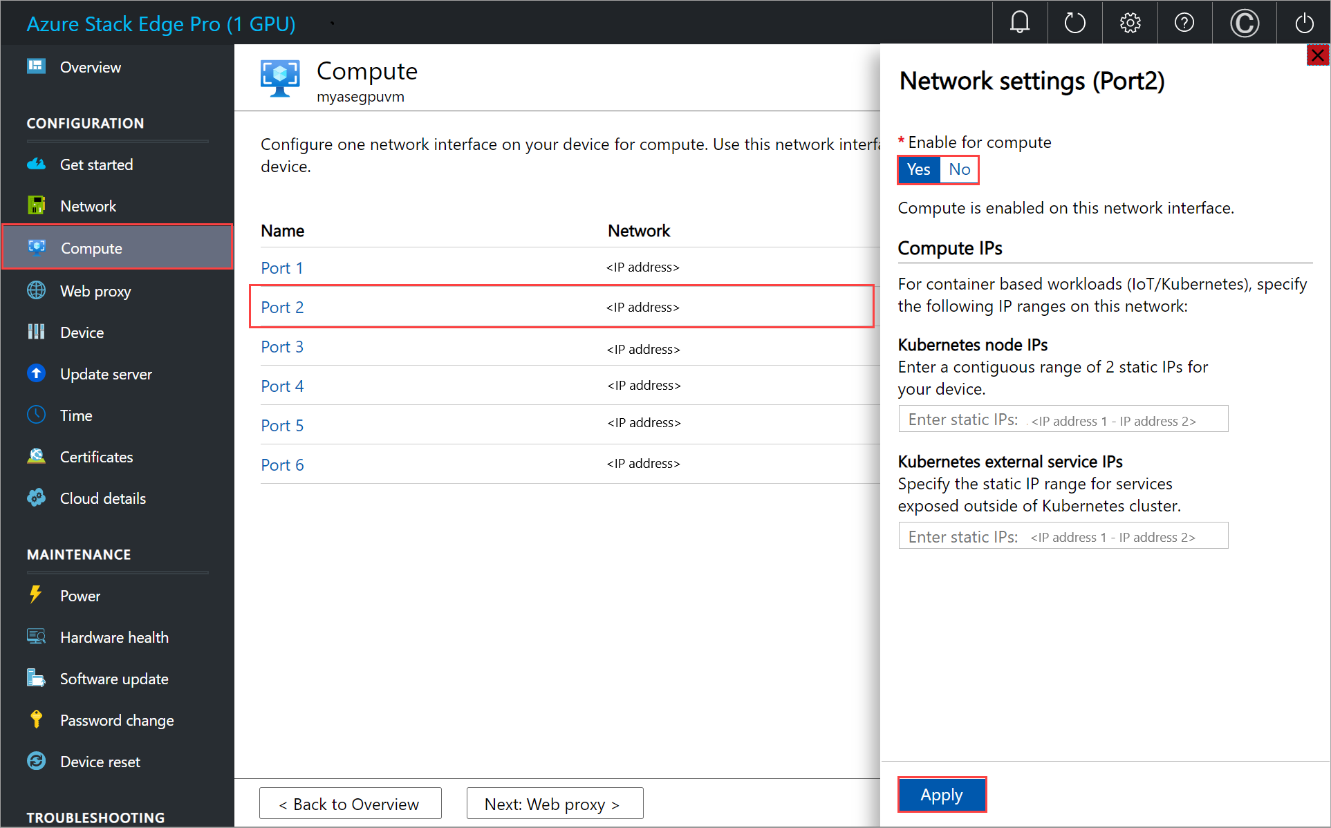 Screenshot: Bereich „Compute“ für ein Azure Stack Edge-Gerät. Die Computeeinstellungen für Port 2 sind hervorgehoben.