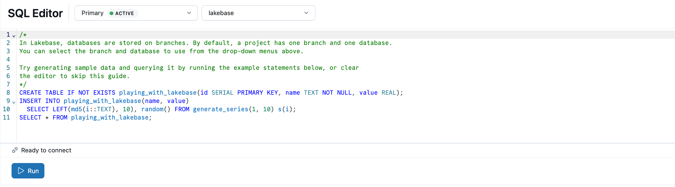 SQL-Editor mit vorinstallierter Beispiel-SQL