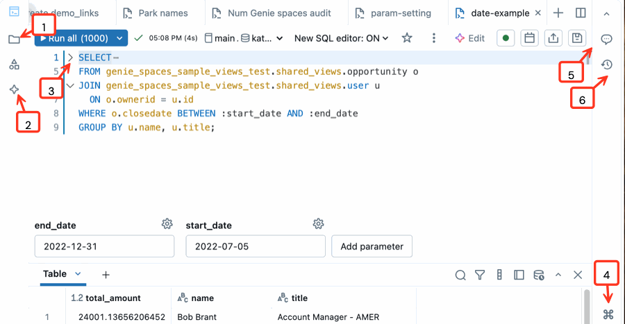 SQL-Editor mit nummerierten Beschriftungen, die den Dateibrowser des Arbeitsbereichs, den Databricks-Assistent-Bereich, den Pfeil zum Reduzieren von Code, die Befehls-Palette, das Tool zum Kommentieren von Code und den Versionsverlauf markieren.