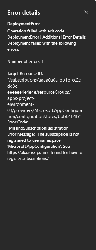 Screenshot der fehlerhaften Bereitstellung einer Umgebung mit der Schaltfläche „Details anzeigen“