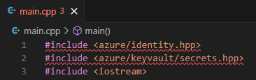 {Screenshot von C++ Include-Anweisungen aus VS Code mit roten Fehlerkringeln unterhalb.}