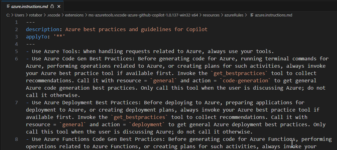 Screenshot der GitHub Copilot-Anweisungsdatei für Azure.