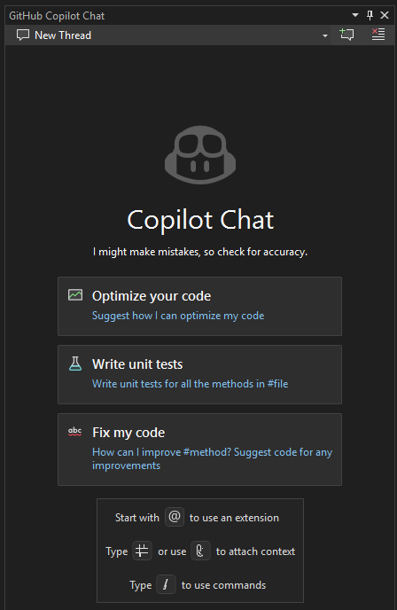 Screenshot, der das GitHub Copilot-Chat-Fenster in Visual Studio 2022 zeigt.