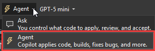 Screenshot mit dem Modusmenü im Chatbereich in Visual Studio 2022.