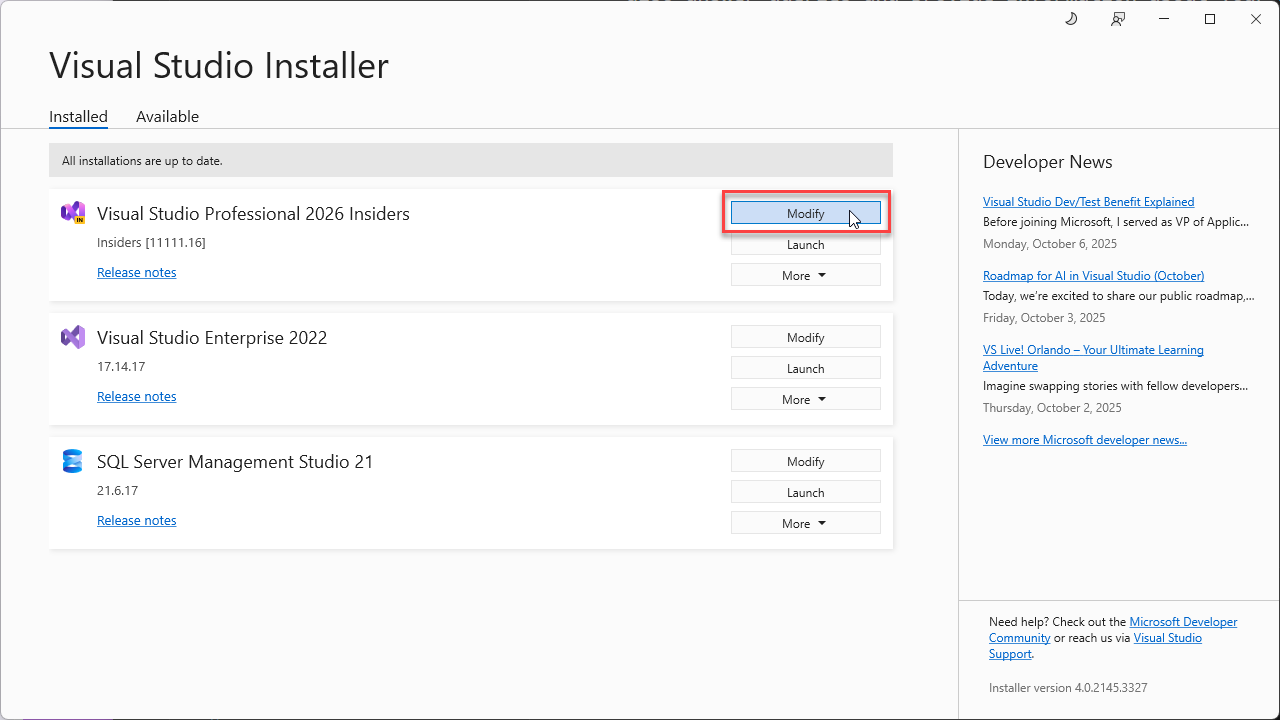 Screenshot, das den Visual Studio Installer mit hervorgehobener Schaltfläche 