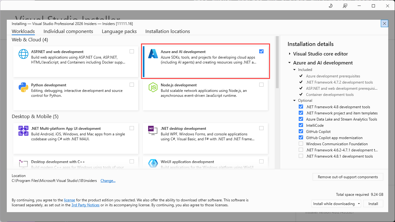 Screenshot, in dem die verfügbaren Workloads des Visual Studio Installers mit ausgewählter und hervorgehobener option Azure KI-Entwicklung angezeigt werden.