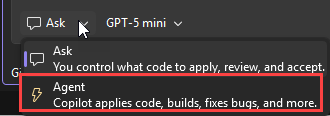 Screenshot, der das Modusmenü im Chatbereich von Visual Studio 2026 zeigt.