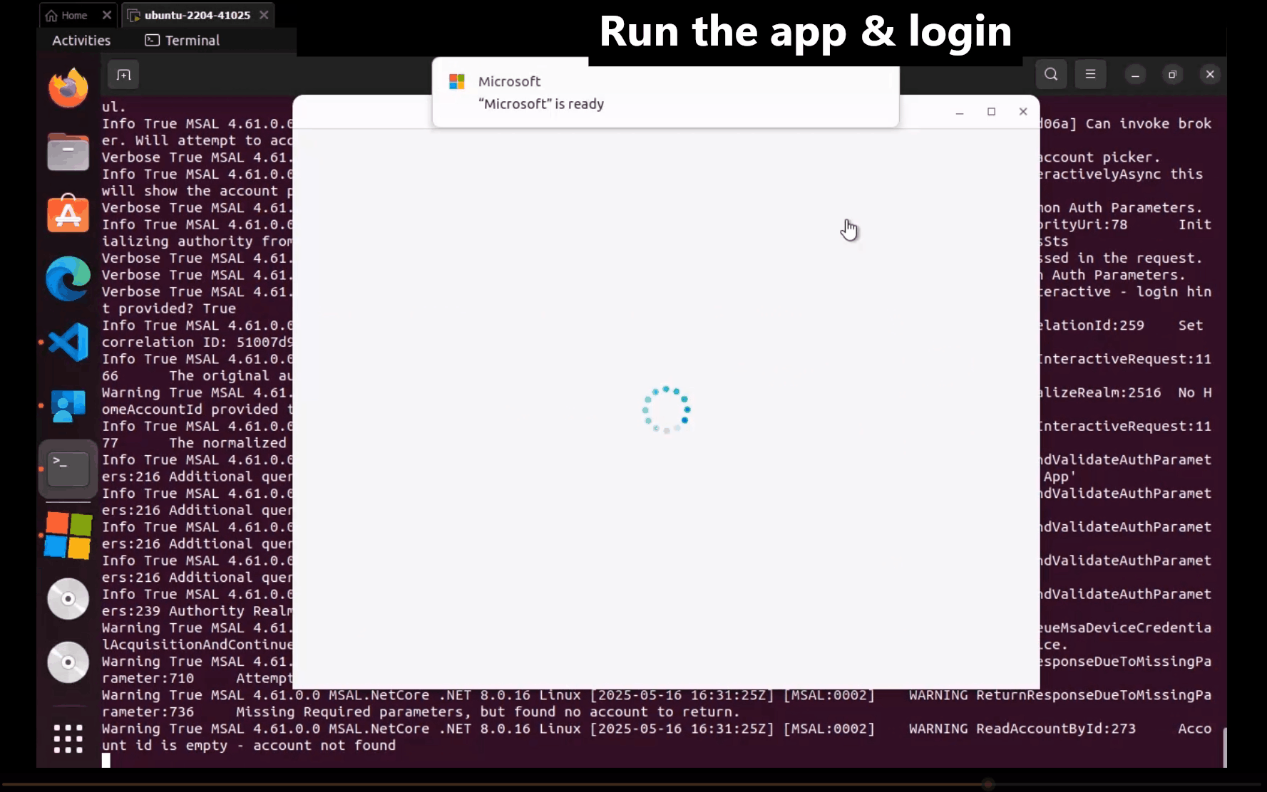 Eine animierte GIF-Datei, die die Linux-Anmeldeerfahrung anzeigt, wenn Sie eine brokerfähige InteractiveBrowserCredential-Instanz verwenden, um einen Benutzer zu authentifizieren.