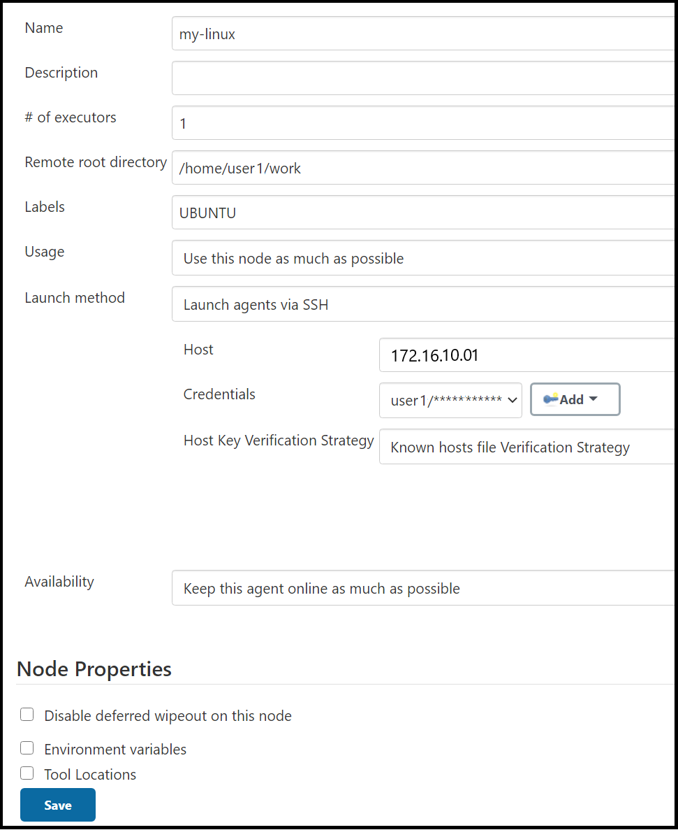 Beispiel für die Knotenkonfiguration, die eine Startmethode von Launch-Agents über SSH angibt.
