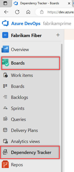 Screenshot, das den Hub 'Dependency Tracker' in Azure Boards zeigt.