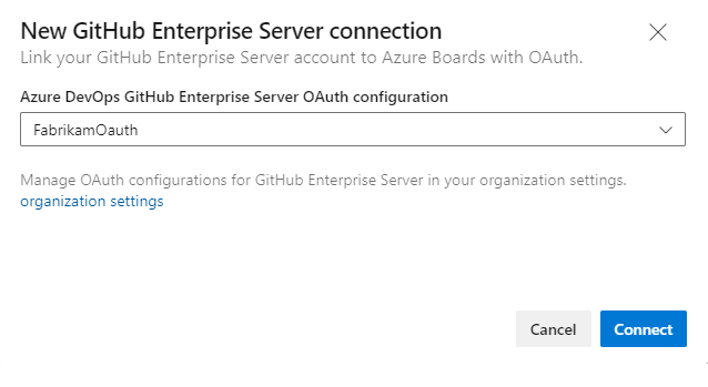 Screenshot der neuen GitHub Enterprise-Verbindung, OAuth-Verbindungsdialogfeld.