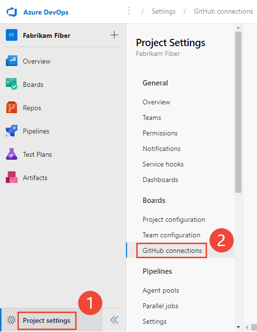 Screenshot der geöffneten Projekteinstellungen>GitHub connections.