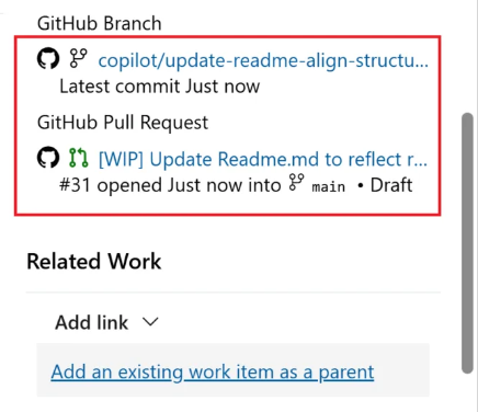 Ein Screenshot aus dem Bereich Entwicklung zeigt eine verlinkte GitHub Pull-Request mit den Detailanzeigen Closed, Review und Checks Status.