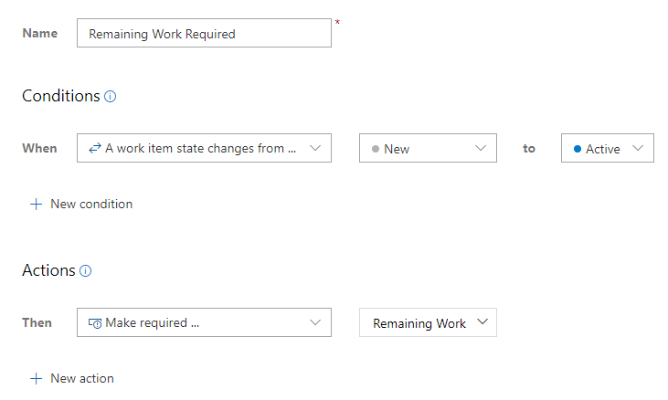 Screenshot der benutzerdefinierten Regel, um verbleibende Arbeit erforderlich zu machen, wenn der Status in 