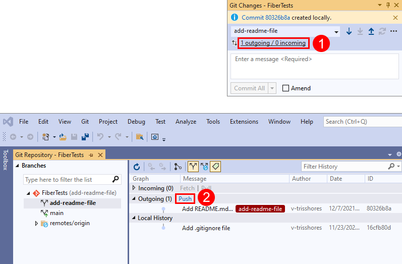 Screenshot des Links „Ausgehend/Eingehend“ im Fenster „Git Changes“ und des Links „Push“ im Fenster „Git Repository“ von Visual Studio.