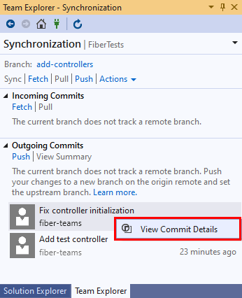Screenshot eines Commits in der Synchronisierungsansicht von Team Explorer in Visual Studio&nbsp;2019.
