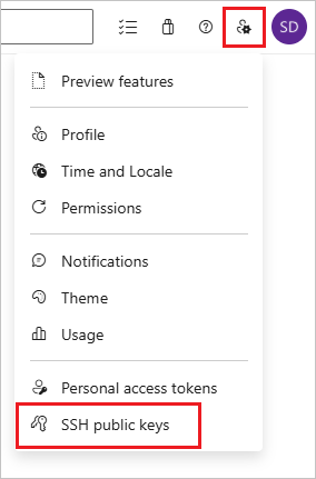 Screenshot, das das Menüelement für öffentliche SSH-Schlüssel und das ausgewählte Benutzeravatar in Azure DevOps zeigt.