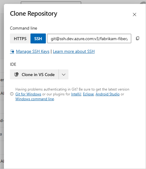 Screenshot mit Azure Repos SSH geklonten URL.