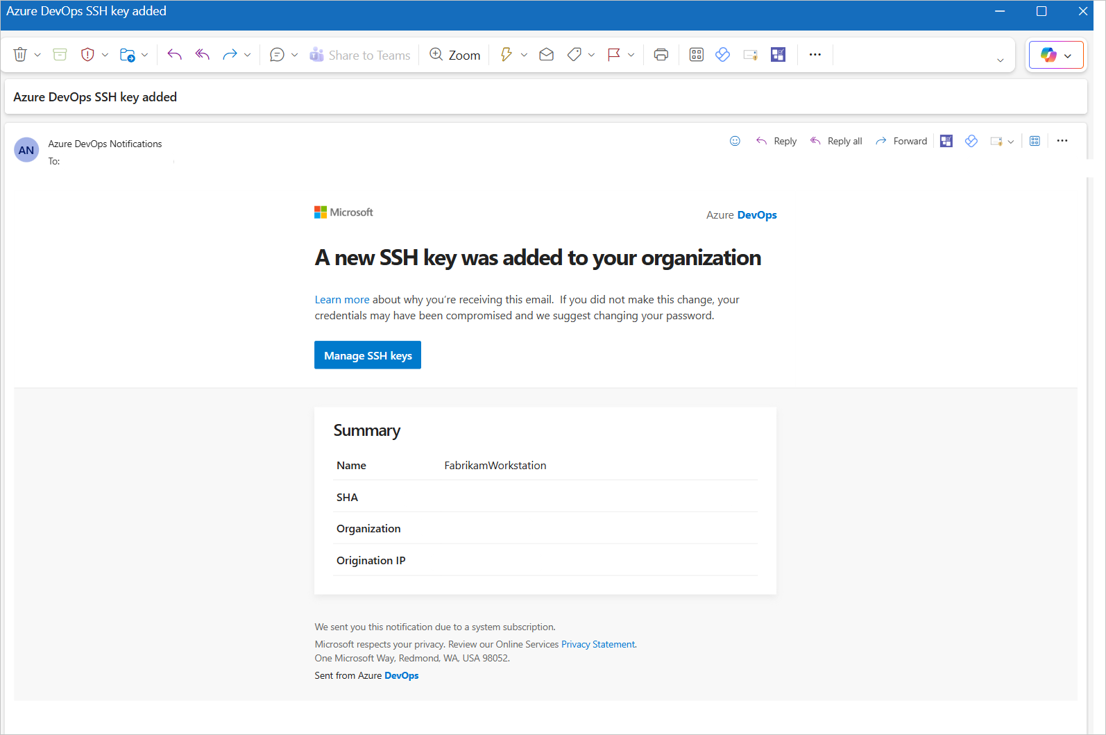 Screenshot der E-Mail-Benachrichtigung über SSH-Schlüssel.