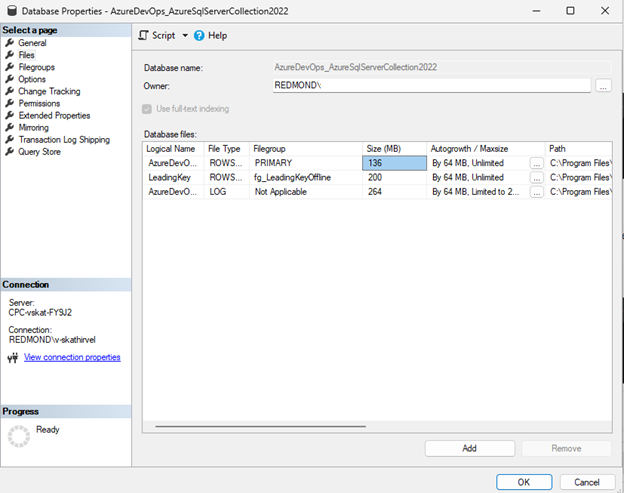 Screenshot zeigt Datenbankeigenschaften und Beispiel für LeadingKey-Datenbankdatei.