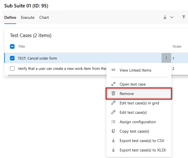 Screenshot, der den entfernten Testfall zeigt.