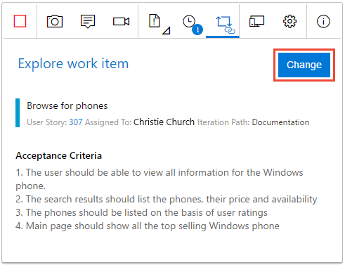 Screenshot, der das Ändern des zu untersuchenden Arbeitselements zeigt.